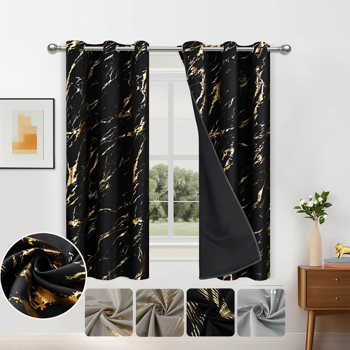 1pc/2pcs 100% Blackout Curtains Grommet Top, Luxury Wave and Marble Pattern Privacy Curtain for Living Room, Bedroom, Home Decor