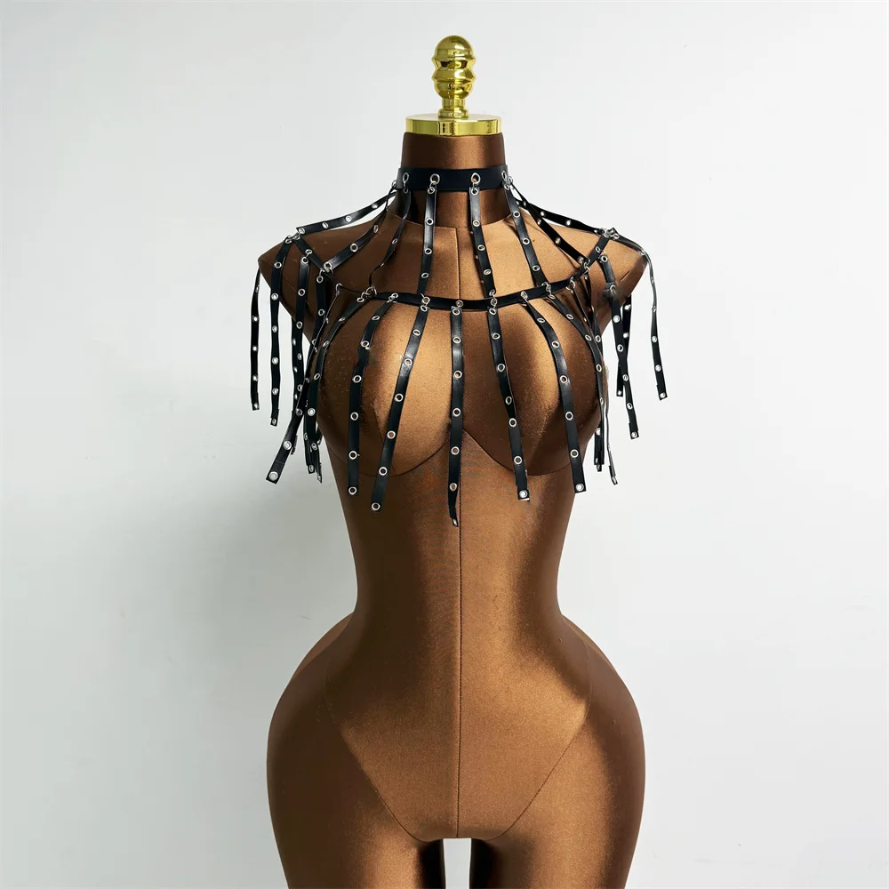 Women PU Leather Tassel Backless Tank Top Sexy Halter Neck Hollow See Through Body Chain Camisole Rave Festival Party Crop Tops