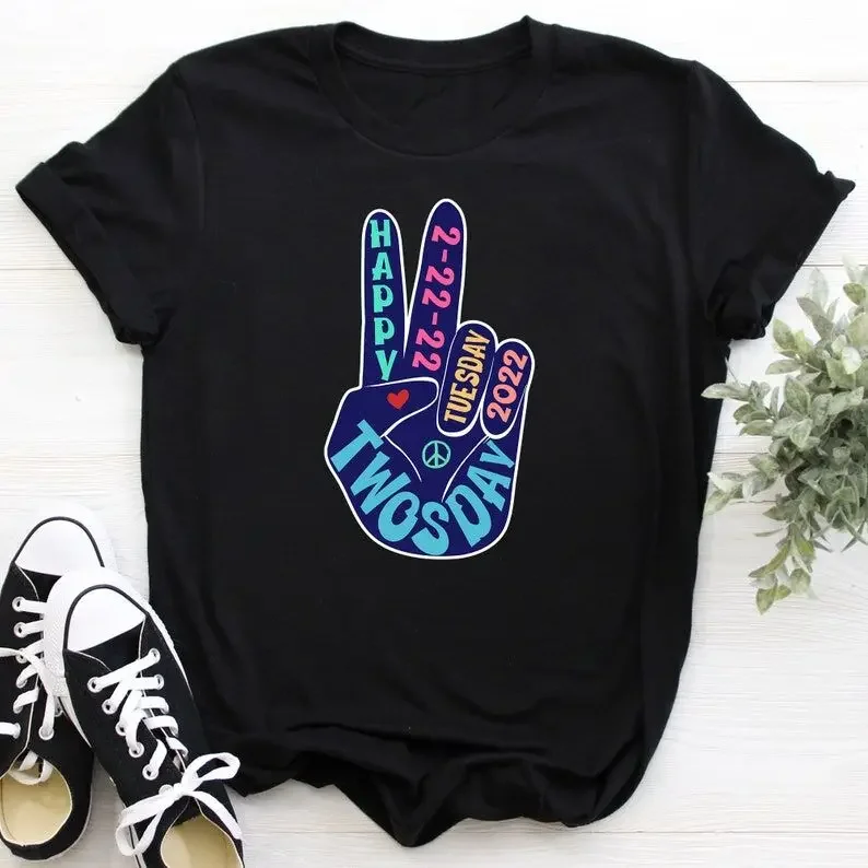 

Рубашка с надписью «Happy Twosday» для мужчин и женщин, хлопковая с коротким рукавом и круглым вырезом, для преподавания, для мальчиков и девочек, 2-22-22