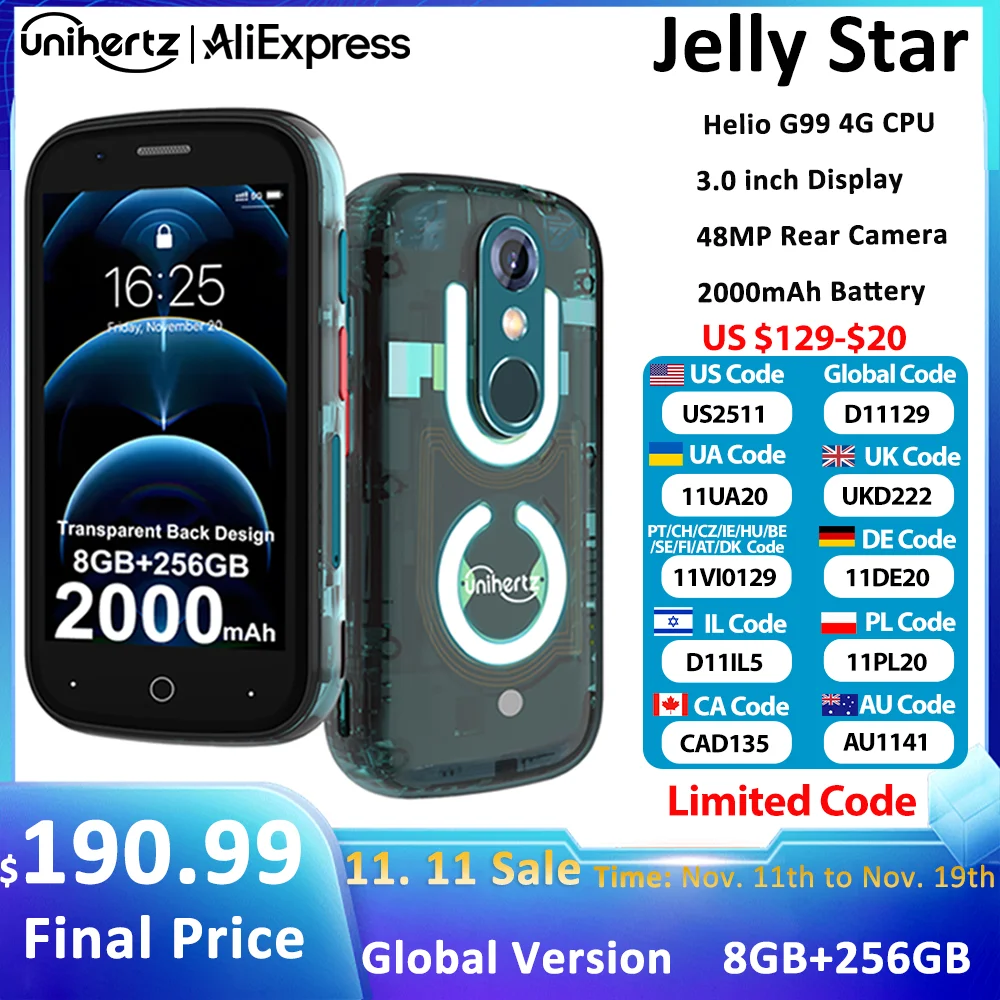 Unihertz جيلي ستار هاتف ذكي صغير أندرويد 13 8 جيجابايت 256 جيجابايت مصباح ليد هواتف محمولة شفافة غير مقفلة 48 ميجابكسل 3 بوصة