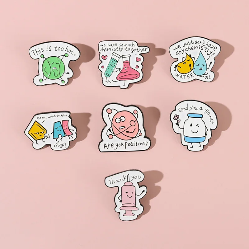 Alfileres esmaltados del principio químico, broches Positron de aceite de agua de dibujos animados creativos personalizados, insignias de solapa, regalo de joyería divertido para estudiantes