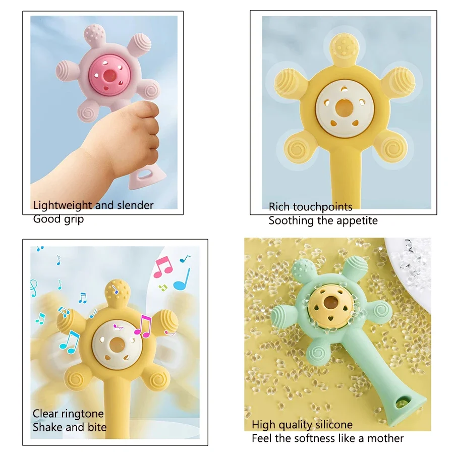 Il bastoncino molare per massaggiagengive con sonaglio non contiene BPA, materiale in silicone alimentare, giocattoli lenitivi per bambini, una varietà di opzioni
