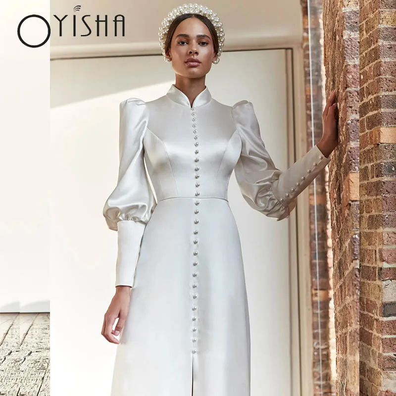 OYISHA-muçulmano alta Neck vestidos de casamento, Split cetim simples, Puff mangas, uma varredura Line, Trem vestidos de noiva com botões,