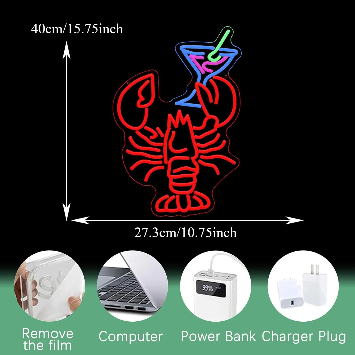 Lobster Cocktail Neon Sign USB Powered LED Neon Light for Seafood Restaurant Bar Pub Food Drink Party Decoration Christmas Gift