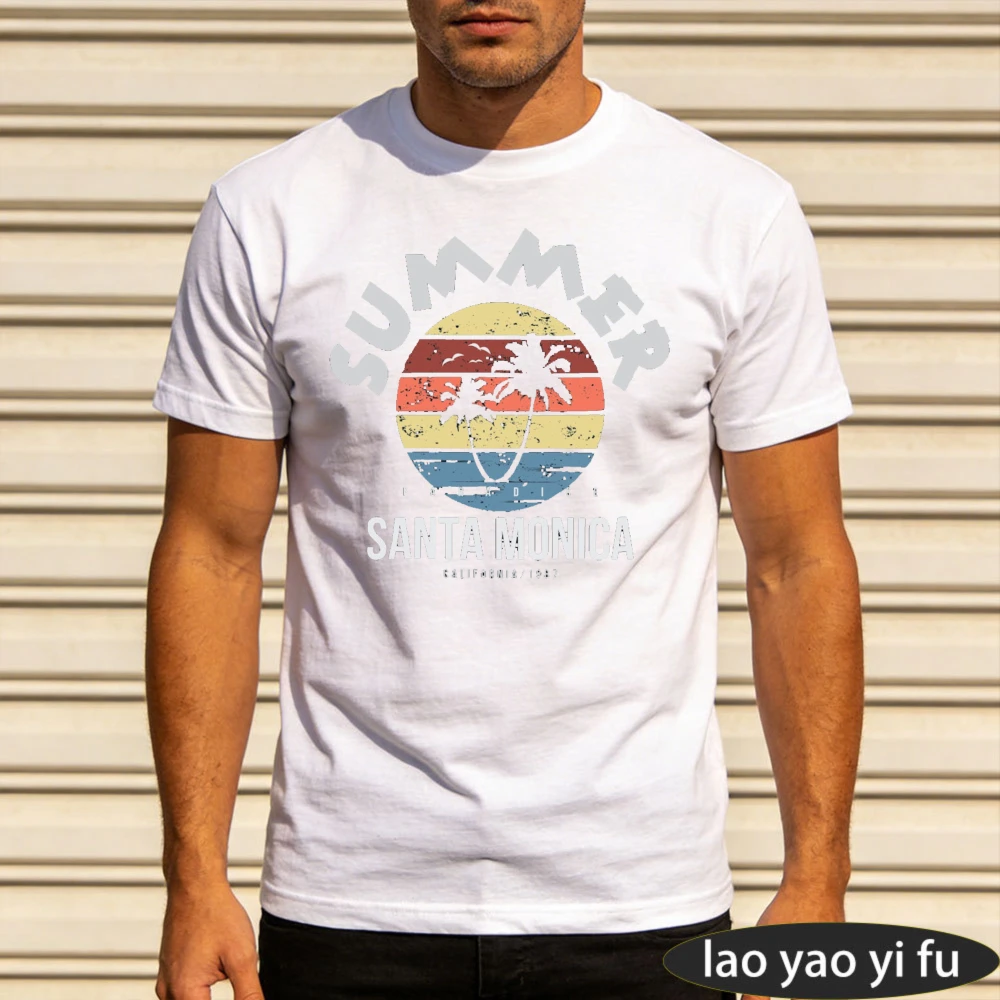 Summer Santa Monica California 1987 Printed TShirt Men Cotton Short Sleeve Retro Beach Paradise Meme Casual Daily Outfit