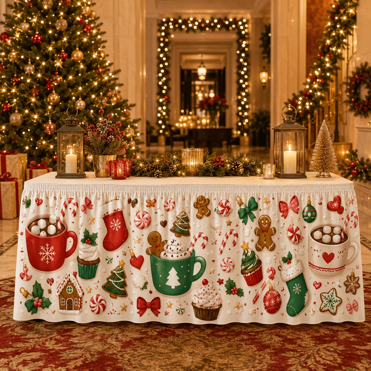 Hot chocolate cup, cake gingerbread man, gingerbread house, Christmas stocking, candy cane, bow tie, lighting fixture