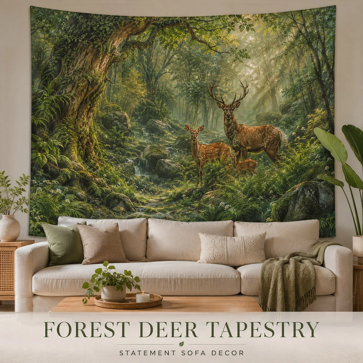 Enchanted Forest Deer Tapestry Mystical Woodland Wall Hanging Cottagecore Nature Landscape Wall Art Bedroom Living Room Decor