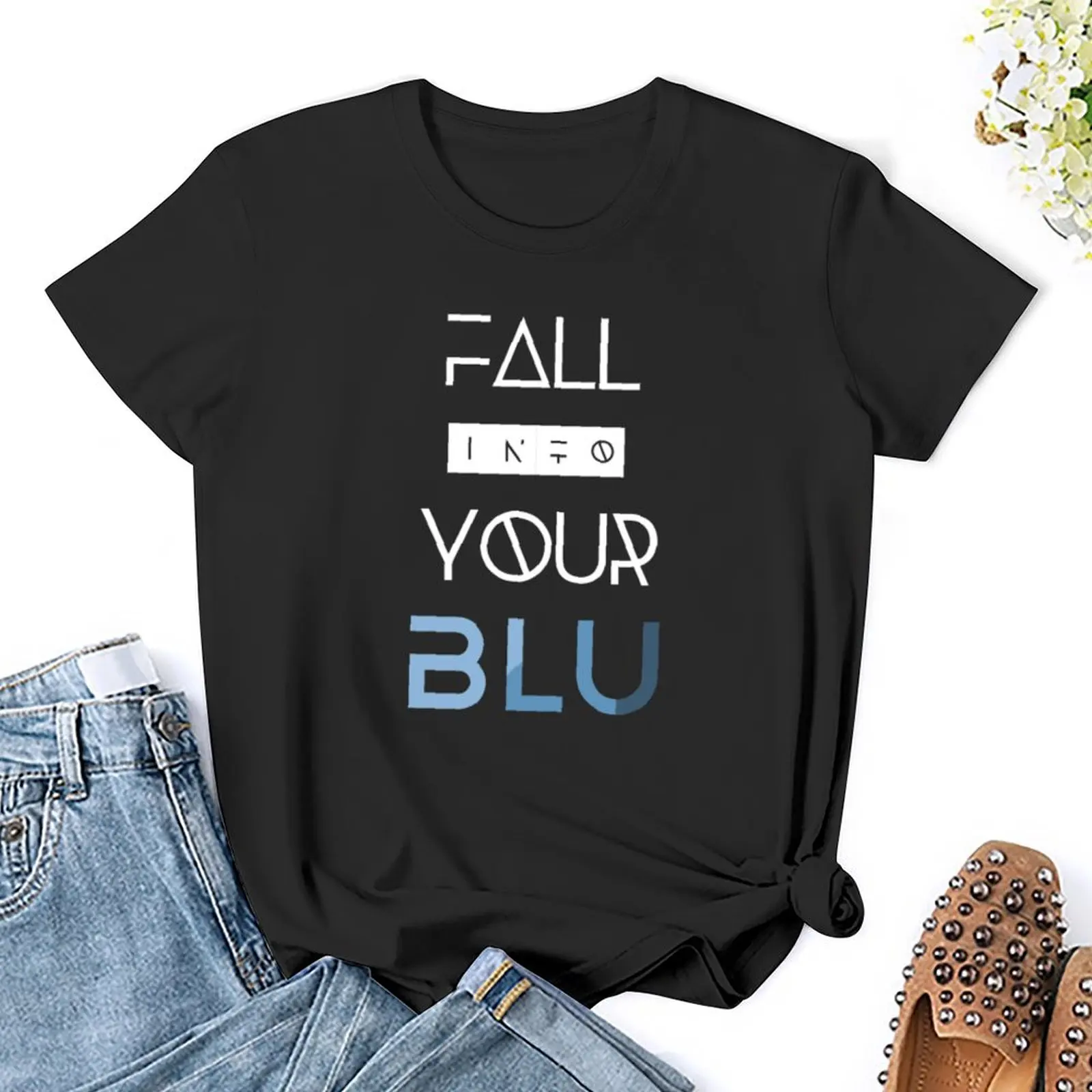 Blu-camiseta feminina de algodão com texto branco, tamanho grande, tops de verão