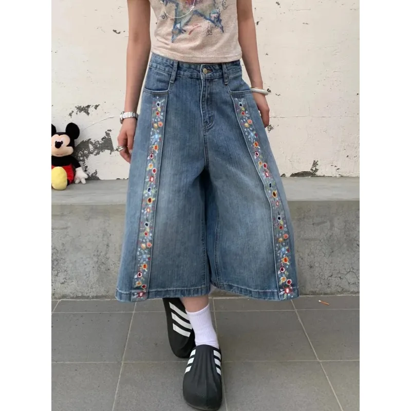 Women's Floral Embroidered Denim Culottes High Waist Wide Leg Cropped Jeans Vintage Casual Pants