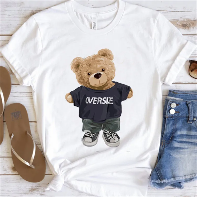 

2023 Funny Bear Cartoon Pattern T-shirt Women creativity Summer Vigorous lovely Harajuku Female Fashion Tops ladies Shirt