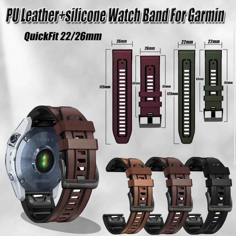 QuickFit 22/26mm PU-Leder+Silikon Uhrenarmband für Garmin Fenix 8 47 51mm/7/6/5/7X/6X Instinct 2X Epix Pro 47 51mm Uhrenarmbänder