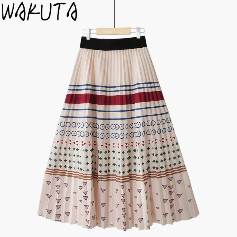 

WAKUTA Pleated Skirt Women Vintage Clothes Long Skirt 2024 Japan Style Print Irregular Patchwork Elastic High Waist Maxi Skirts