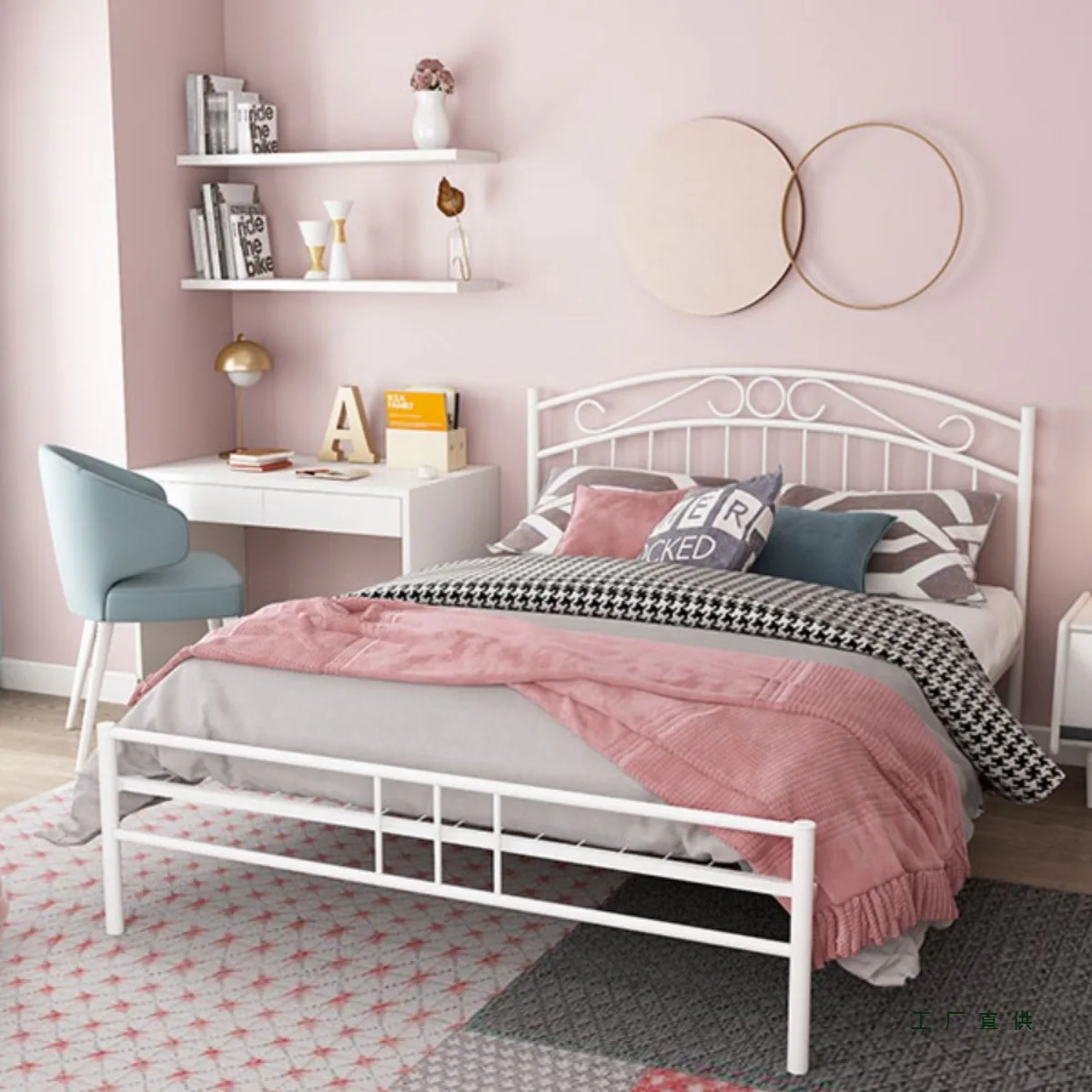 Wrought iron bed Nordic double modern simple single home iron bed thickened reinforcement princess iron frame bed Internet