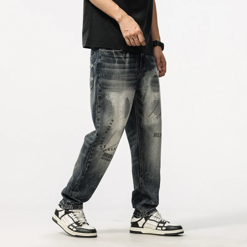 

BYCL904 High Street New Tide Retro Loose Fashion Cone Printed Heavy Craft Washed Trendy Men's Jeans Trousers