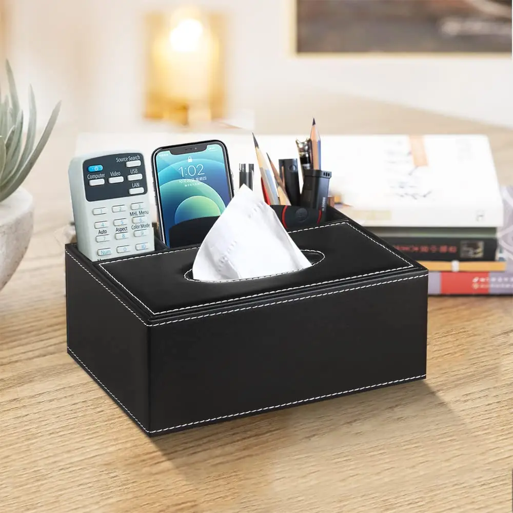 Multifunctional Tissue Box with Stationery Remote Control Box, Decorative Tissue Pen Remote Organizer for Home/Office/Restaurant