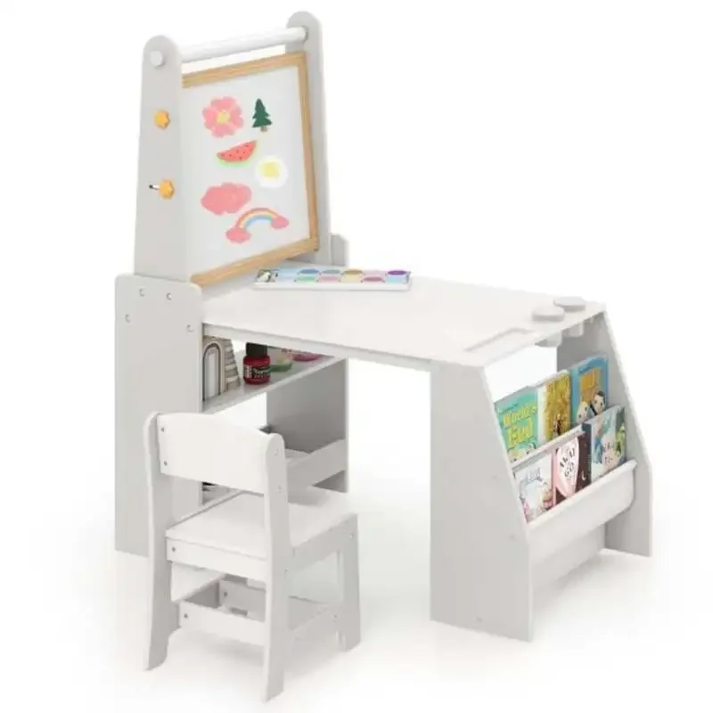 

Kids Art Table and Chair Set with Easel and Chair for Drawing Reading-Grey