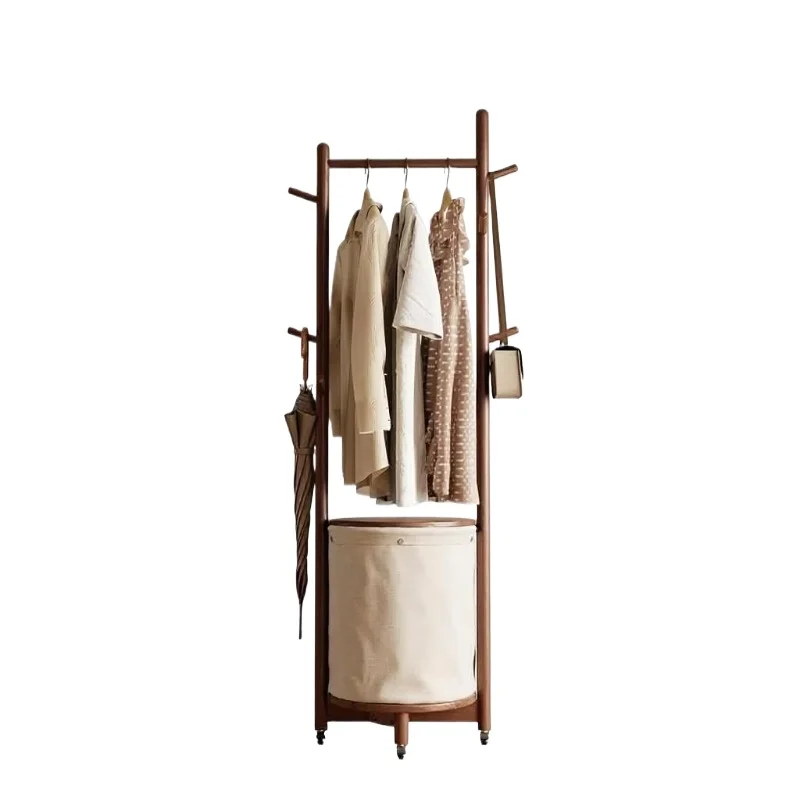 US stock solid wood coat rack with cloth basket 9 hooks with wheels freestanding
