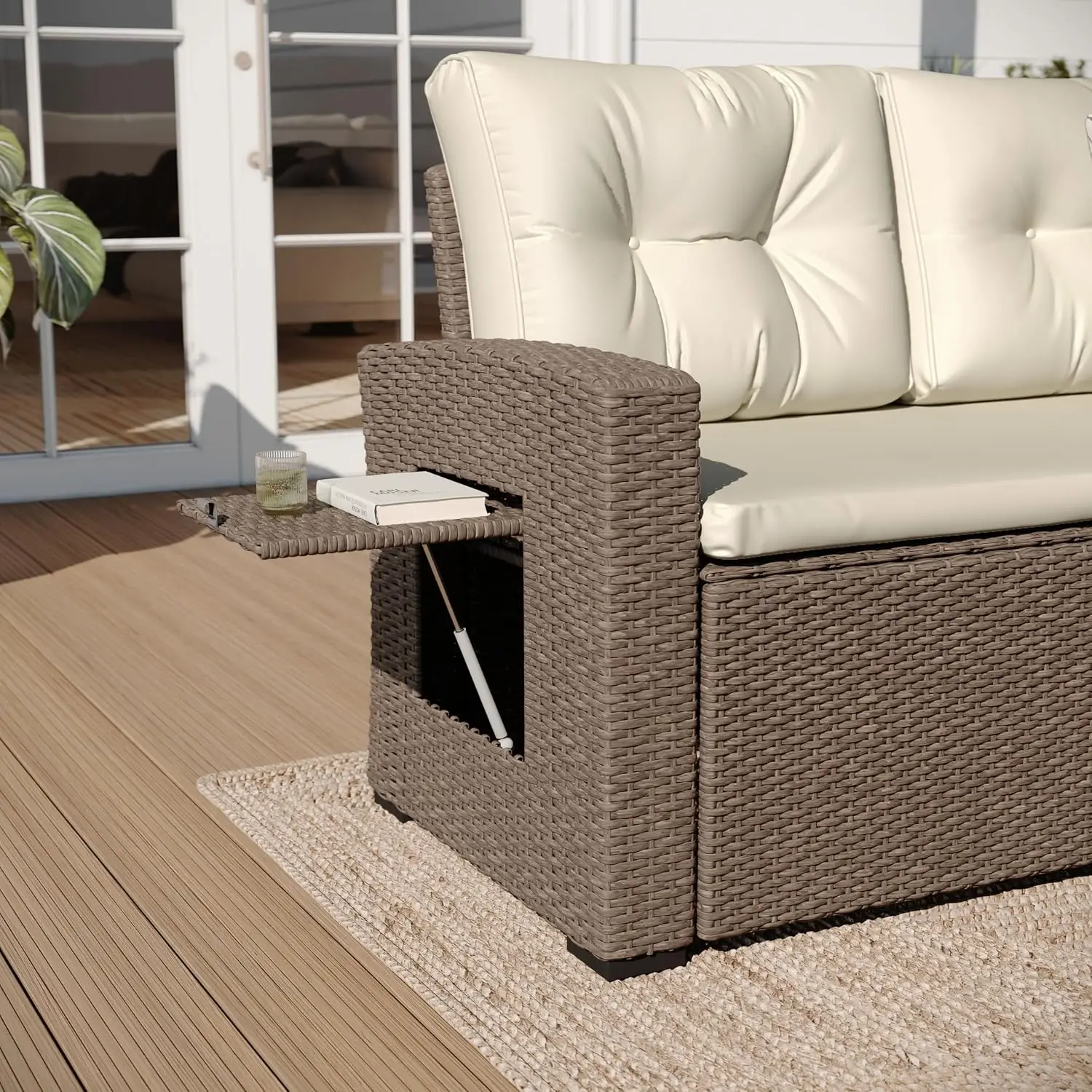 Shelton Beige/Brown Indoor/Outdoor L-Shaped Sofa/Dining Table Conversation Set with Wicker Rattan Construction and Weather-Resis