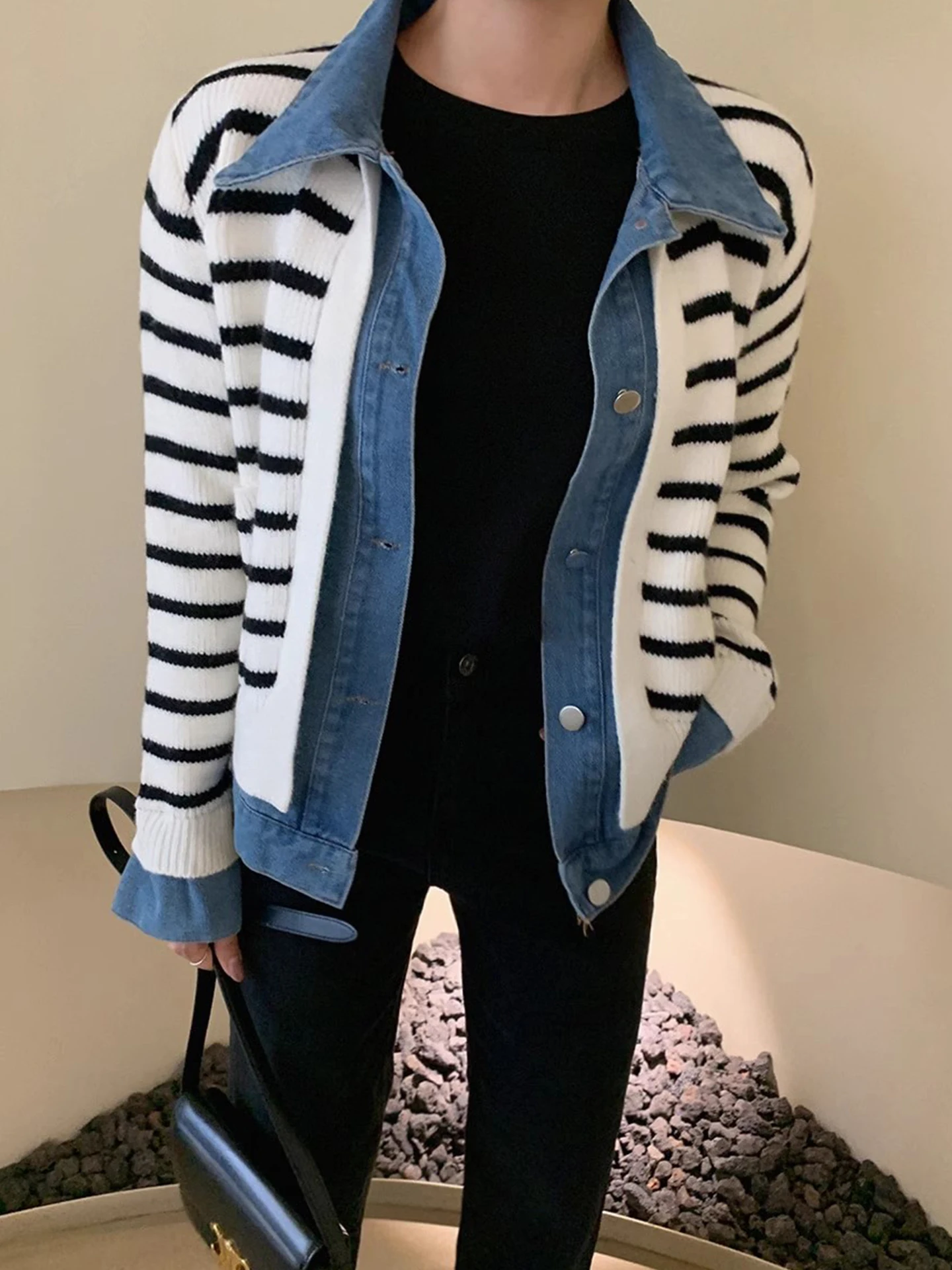 

Design Sensation Color Blo Striped Denim Jaet Women's Zipper Sle Top Spring Autumn New Arrival Casual Faion