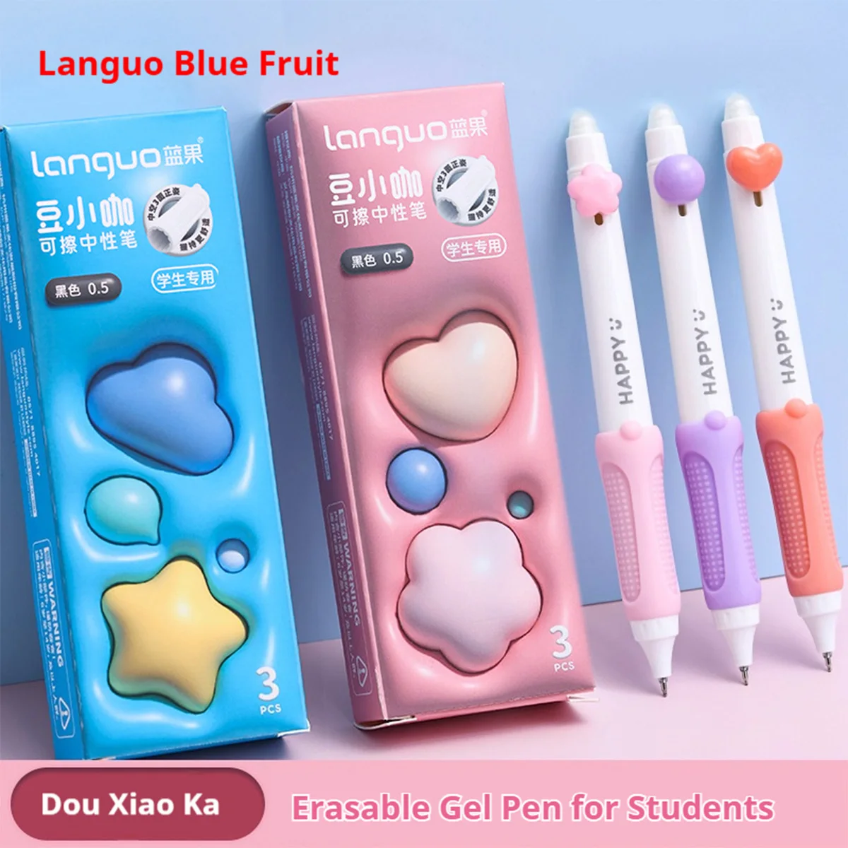 Languo Kawaii Click Erasable Pen Blue Black Ink for Students Smooth Writing Friction Gel Pen, Grip School Supplies Stationery