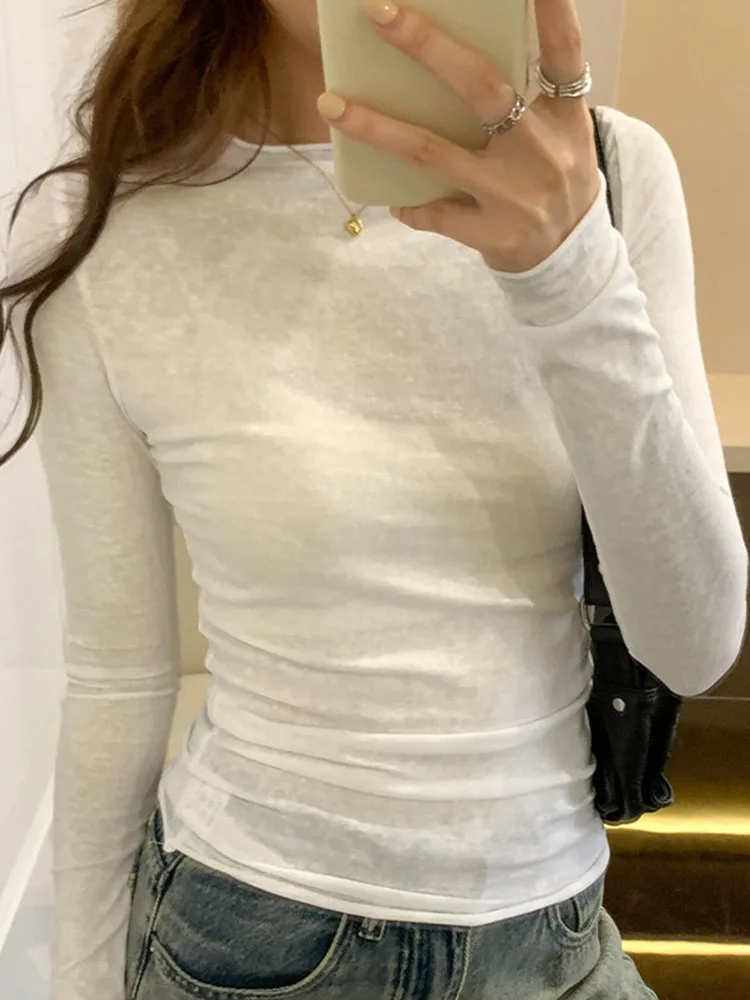 女性用長袖ラウンドネックTシャツ,カジュアルなストリートウェア,ベース,高品質,春,秋,2022