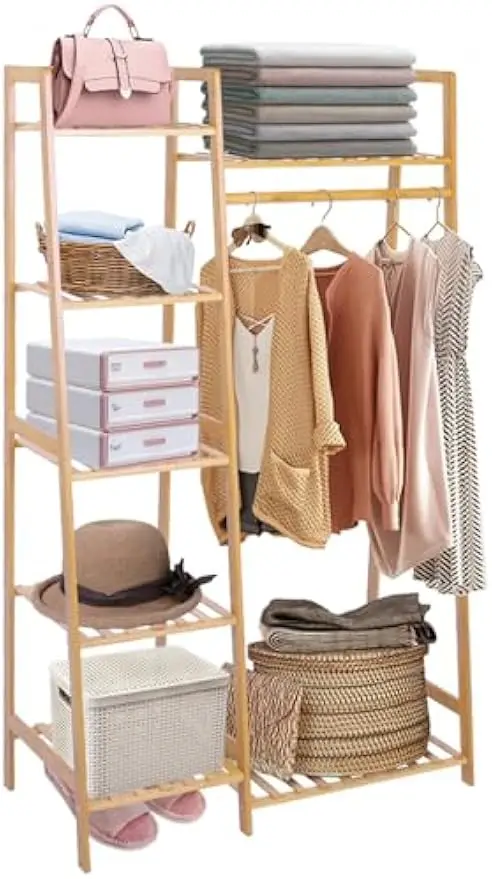 7-Tier Bamboo Garment Rack with Storage Shelves, Heavy Duty Minimalist Wardrobe Organizer for Indoor Use