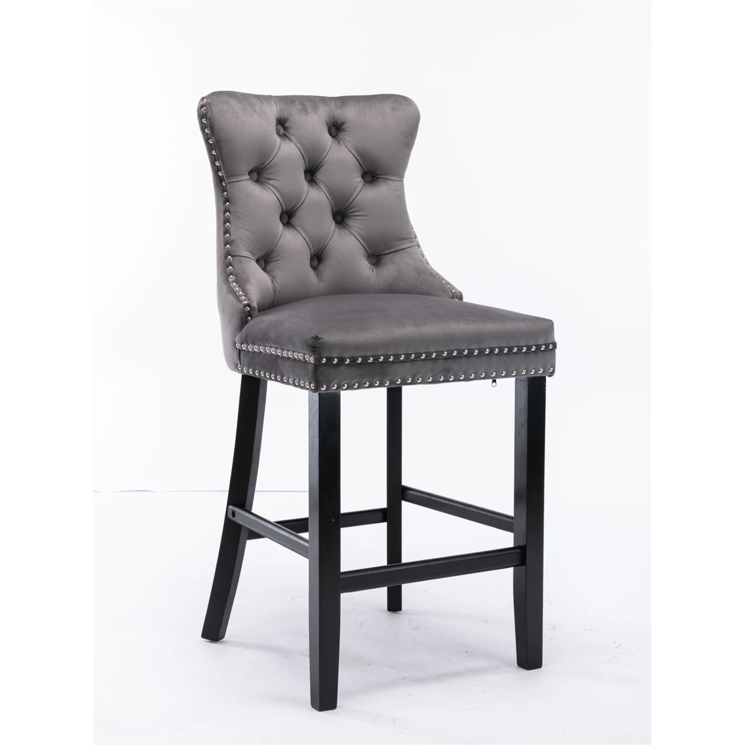 

Velvet Upholstered Barstools with Wooden Legs and Chrome Nailhead Trim Set of 2 Gray