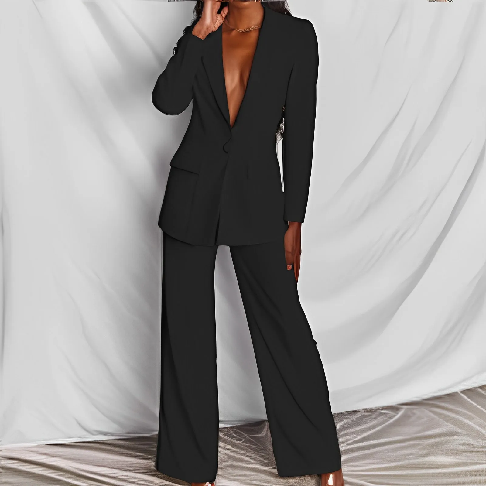 Women Long Sleeve Blazer Straight Leg Pants Two Piece Suit, Office Outfit