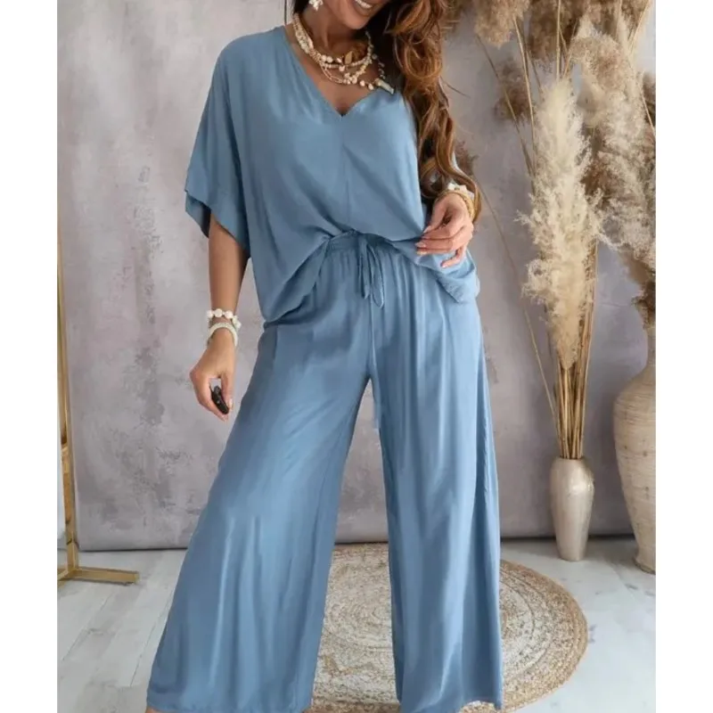 Loose Solid Color Shirt Wide Leg Pants Two-piece Set For Women 2024 Summer V-neck Bat Sleeve Top Lace Up Casual Pants Set