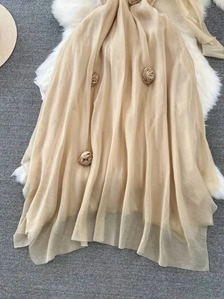 Letnia francuska sukienka plażowa damska elegancka z kwiatami 3D seksowna sukienka z dekoltem w serek długa sukienka damska dopasowana w kształcie litery A długa suknia na imprezę Vestidos