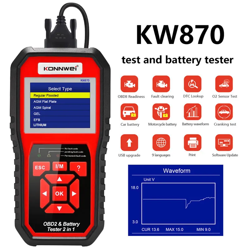 KONNWEI KW870 سيارة دراجة نارية 6 فولت 12 فولت جهاز اختبار بطارية obd2 التلقائي ماسح ضوئي تشخيصي 2 في 1 التحريك شحن أدوات الاختبار