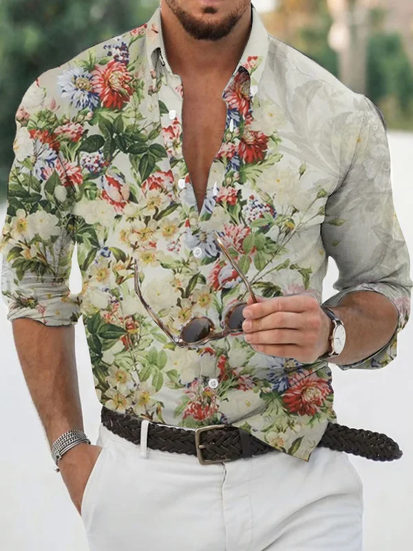 

Men's Long Sve Floral Print irt Stand Fit Polyester Fabric Non-fading European Sle Casual irt for Middle-aged