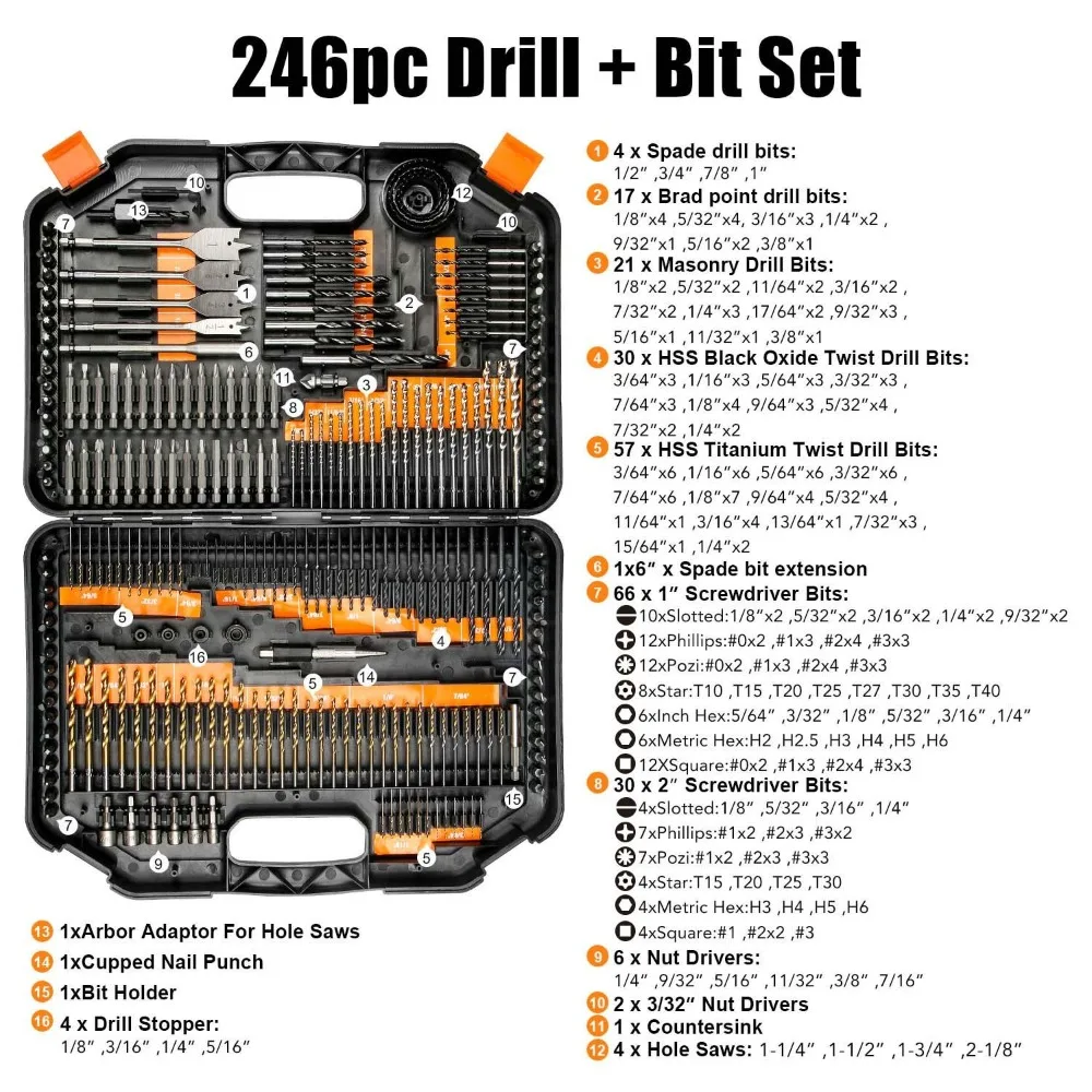 Drill Bit Set, 246-Pieces Drill Bits and Driver Set for Wood Metal Cement Drilling and Screw Driving, Full Combo Kit Assorted