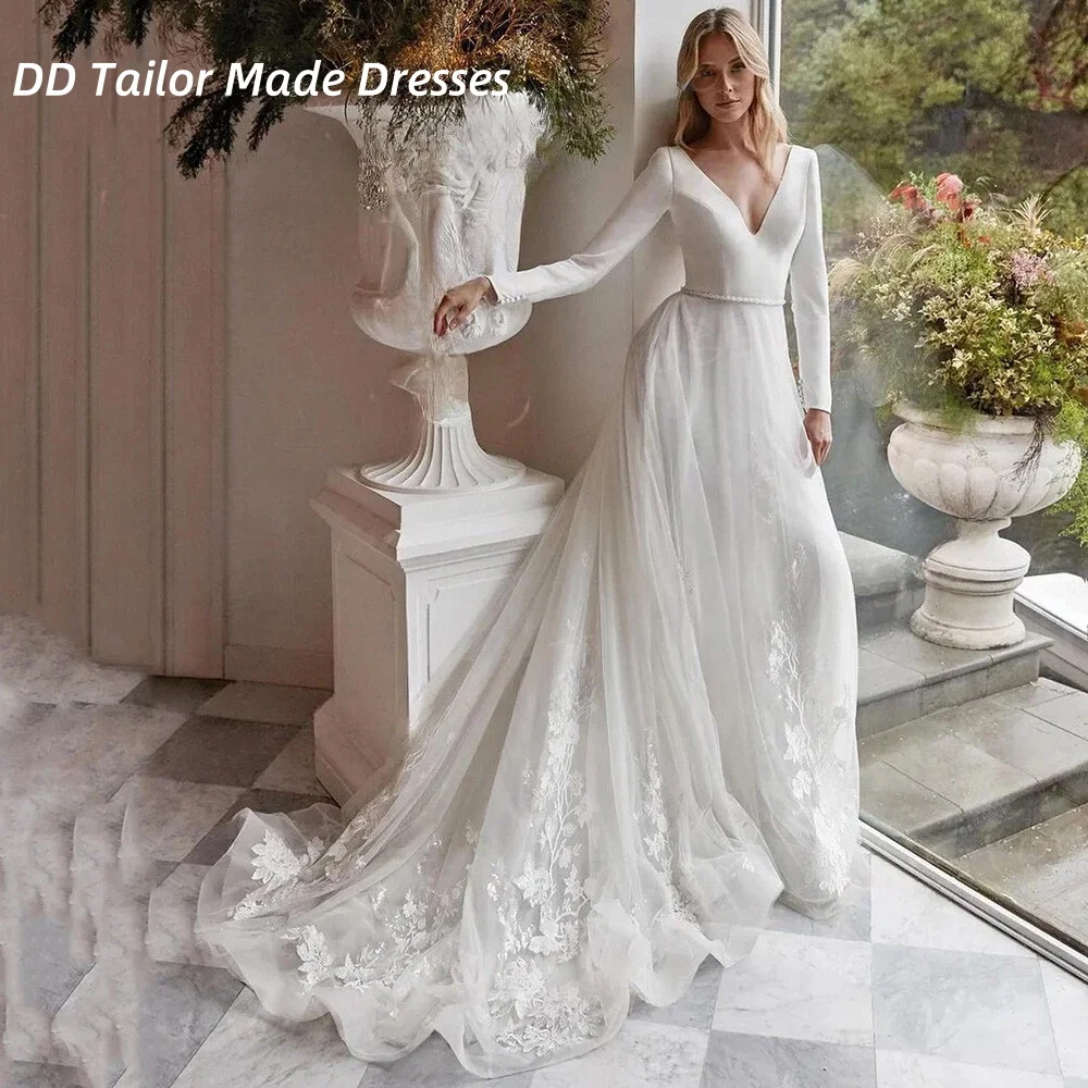 

Boho A Line Wedding Dresses Backless Lace Appliques V Neck Bride Gowns Long Sleeved Vestidos De Novia White Customized