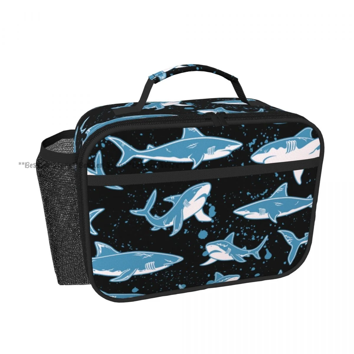 Portable Horizontal Insulated Lunch Tote Bag Abstract Shark Pattern Thermal Food Storage Handbag