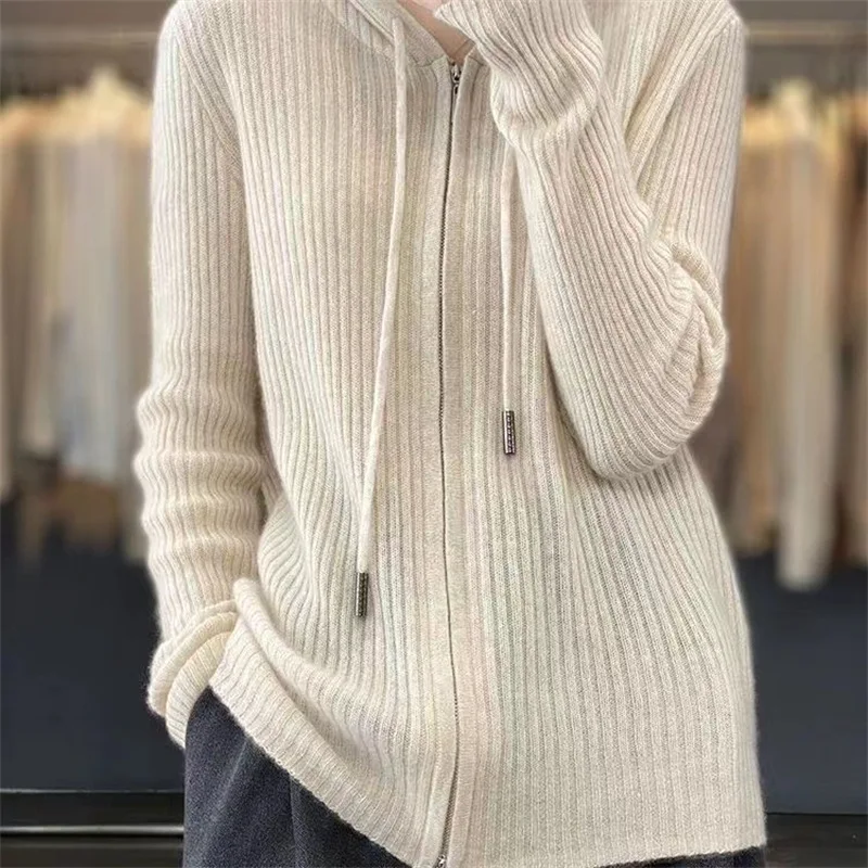 

Women Knitted Zipper Hoodied Cardigan Long Sleeve Drawstring Loose Soft Sweater 2025 Autumn Lady Knitwear Jacket Hoodies Vintage