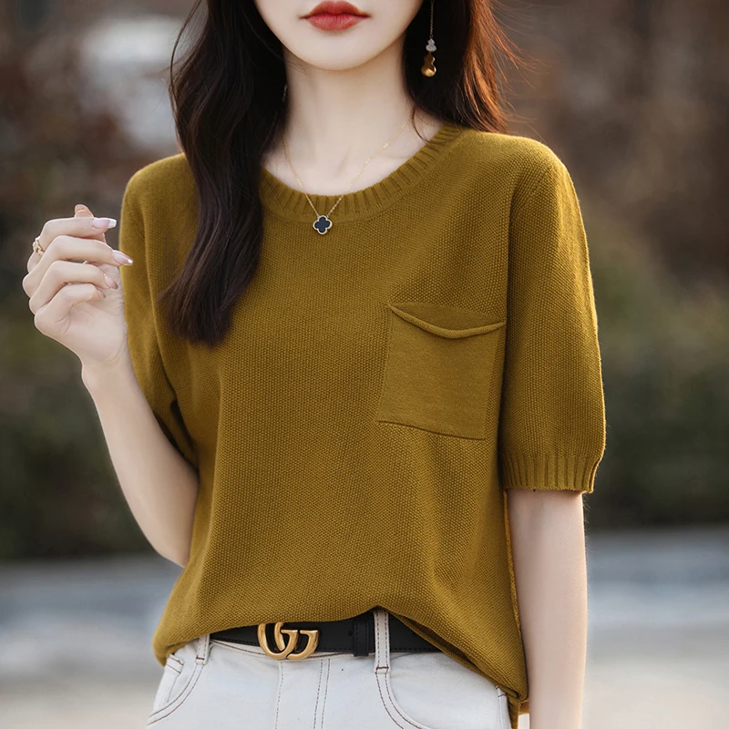 Women's T-Shirt Spring/Summer 100% Cotton Sweater Short Sleeve Casual Round Neck Ladies Tops Loose Blouse Pullover Tees Pocket
