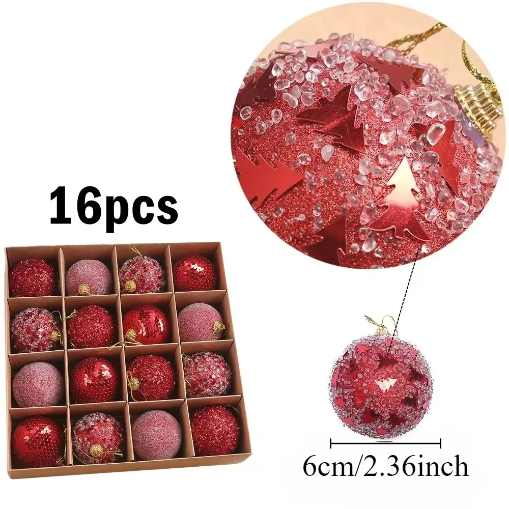 Boule de Noël Rouge, Champagne, Or, Sapin de Noël, Pendentif à Paillettes, Décor de Nouvel An, Nouveau, 6cm, 16Pcs par Boîte