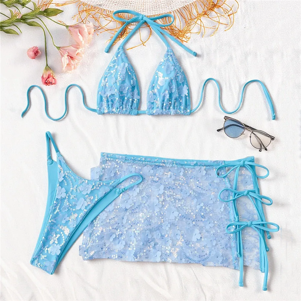 

Sky Blue Flower Mesh Shiny Glitter Swimsuit with Skirts Sexy String Halter Triangle Bikinis Sets 3 Pieces Swimwear Women 2026