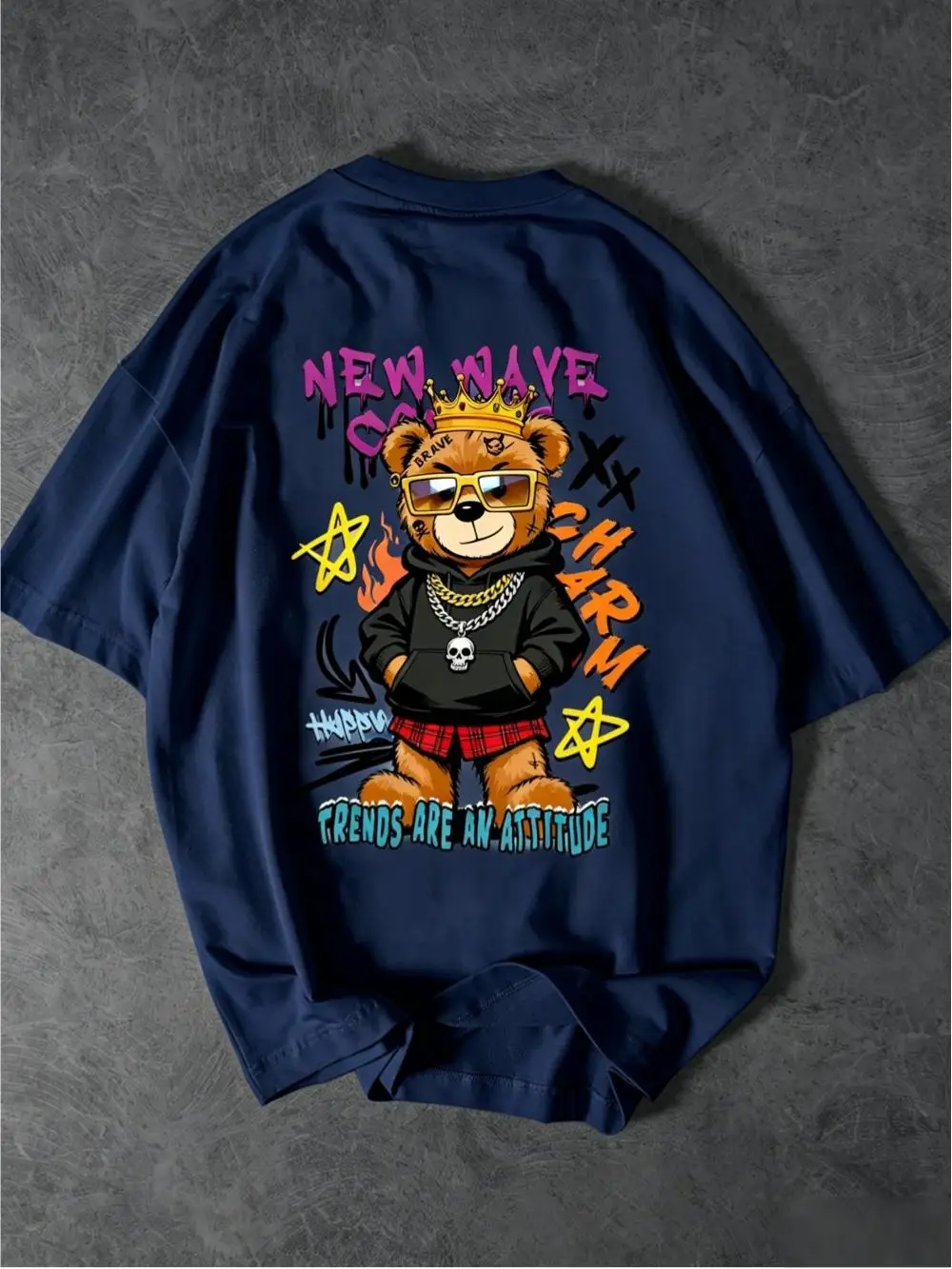 European and American men's summer necklace teddy bear print micro elastic breathable round neck T-shirt outdoor street top