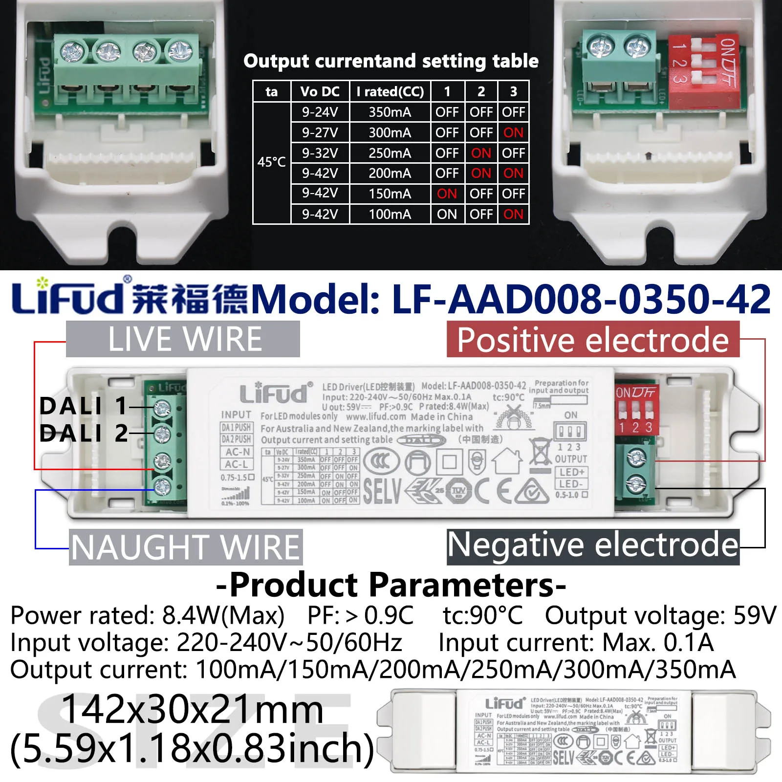 LiFud 8.4W 21W 31.5W 40W DALI CC Dimming Driver AC220-240V Power Adaptor DC9-42V LED Power Supply 100-1050mA Current Tunable