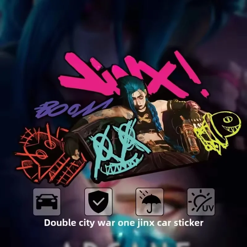 Arcane Jinx Graffiti Reflective Car Sticker Electric Motorcycle Window Glass Decal Anime Game Vehicle Decoration Accessory