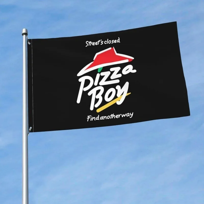 Flag with Street Closed Pizza Boy Slogan Made of Vibrant Black Polyester