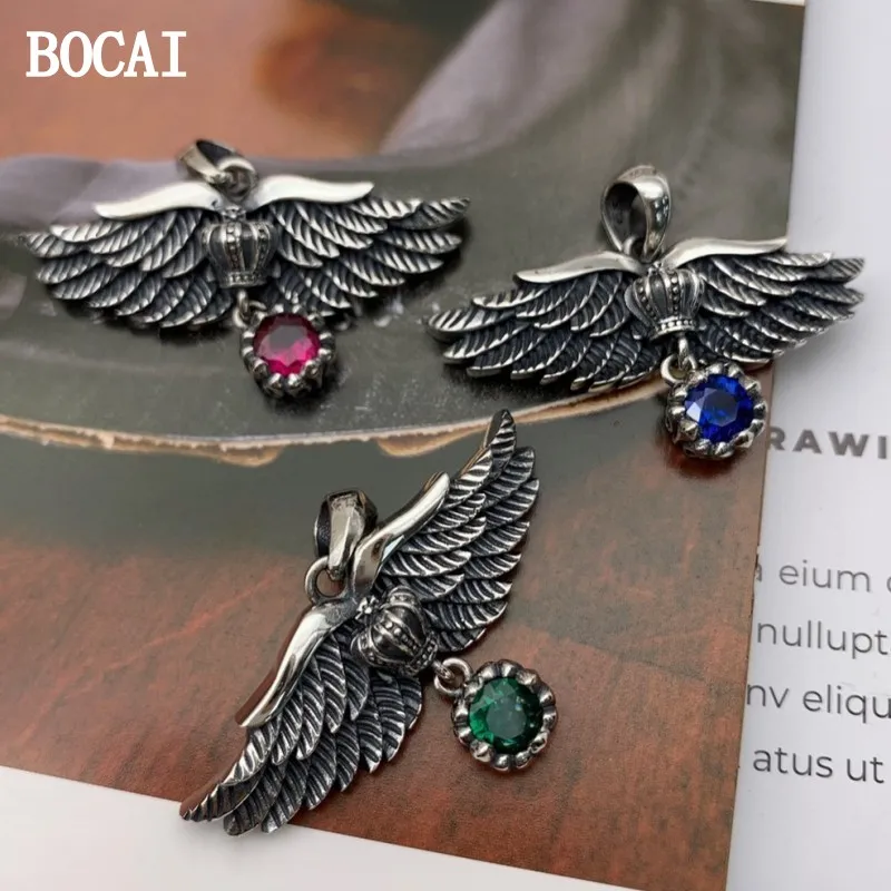 

BOCAI New S925 Sterling Silver Retro Personalized Versatile Love Stone Angel Wings Pendant Female Gift