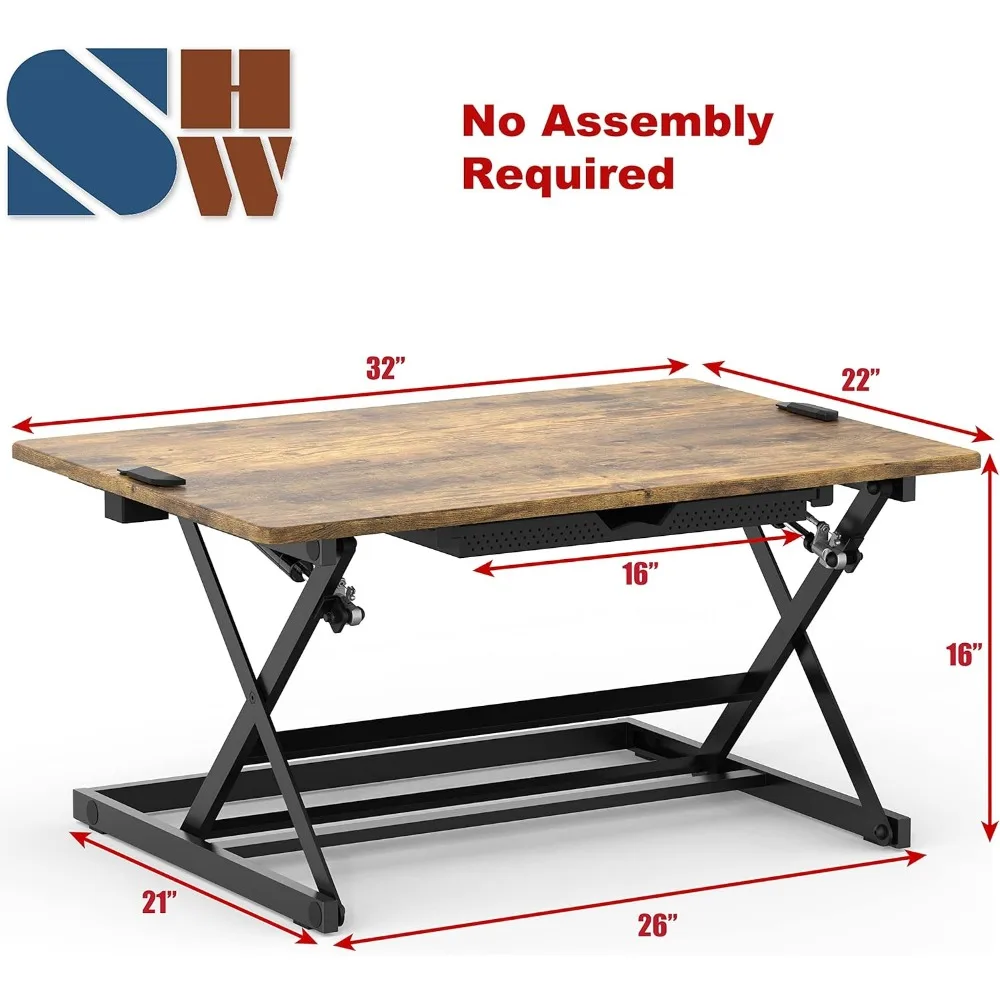 Escritorio de pie ajustable en altura de 32" con cajón, marrón rústico