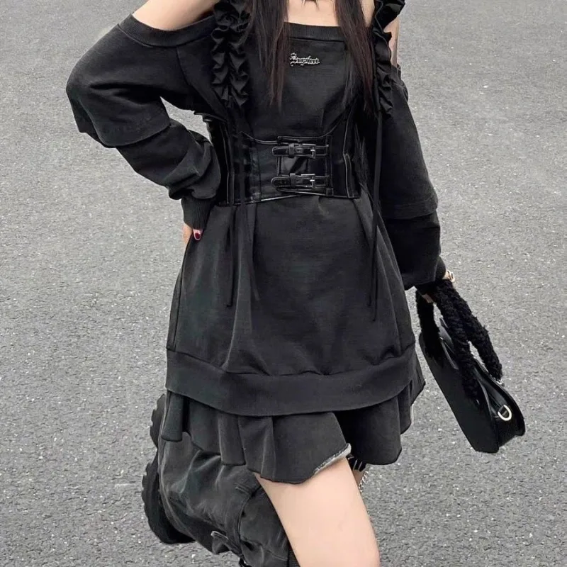 Japanese Gothic Harajuku Strapless Top Women Punk Loose E Girl Wooden Ear Sling T-shirt Y2K Grunge Tops 2024 New Summer