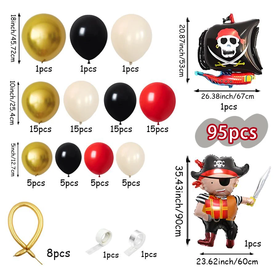 95pcs Pirate-themed Party Balloon Wreath Set, Featuring Red, Black, Gold, Sand and White Balloons Paired with Pirate Ships and P