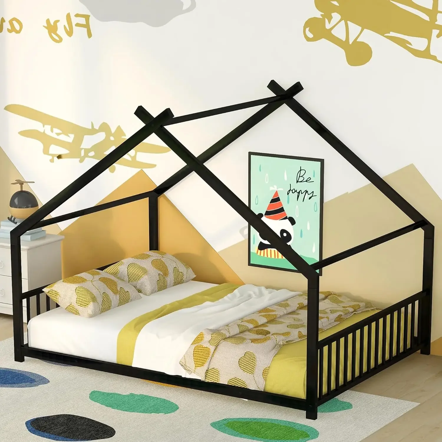 Floor Bed Frame Metal Montessori Beds with Headboard & Footboard for Children Boys Girls Teens, Black