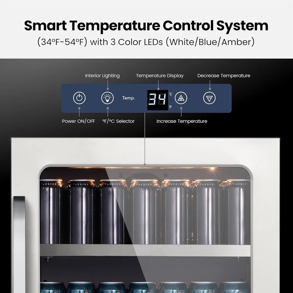 ثلاجة مشروبات 24 بوصة، ثلاجة مشروبات 140 علبة، ثلاجة مشروبات مع باب زجاجي 3 LED 34-54 ℉   مبردات المشروبات المدمجة