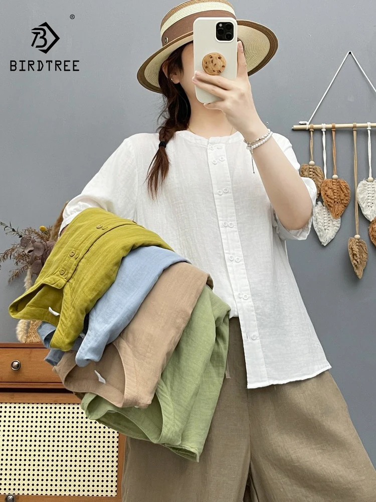 

New 2026 Summer Women Cotton Yarn Short Sleeve Shirt, Stand Double-breasted, Mori Girl Preppy Style Casual Loose Blouse T65763CC